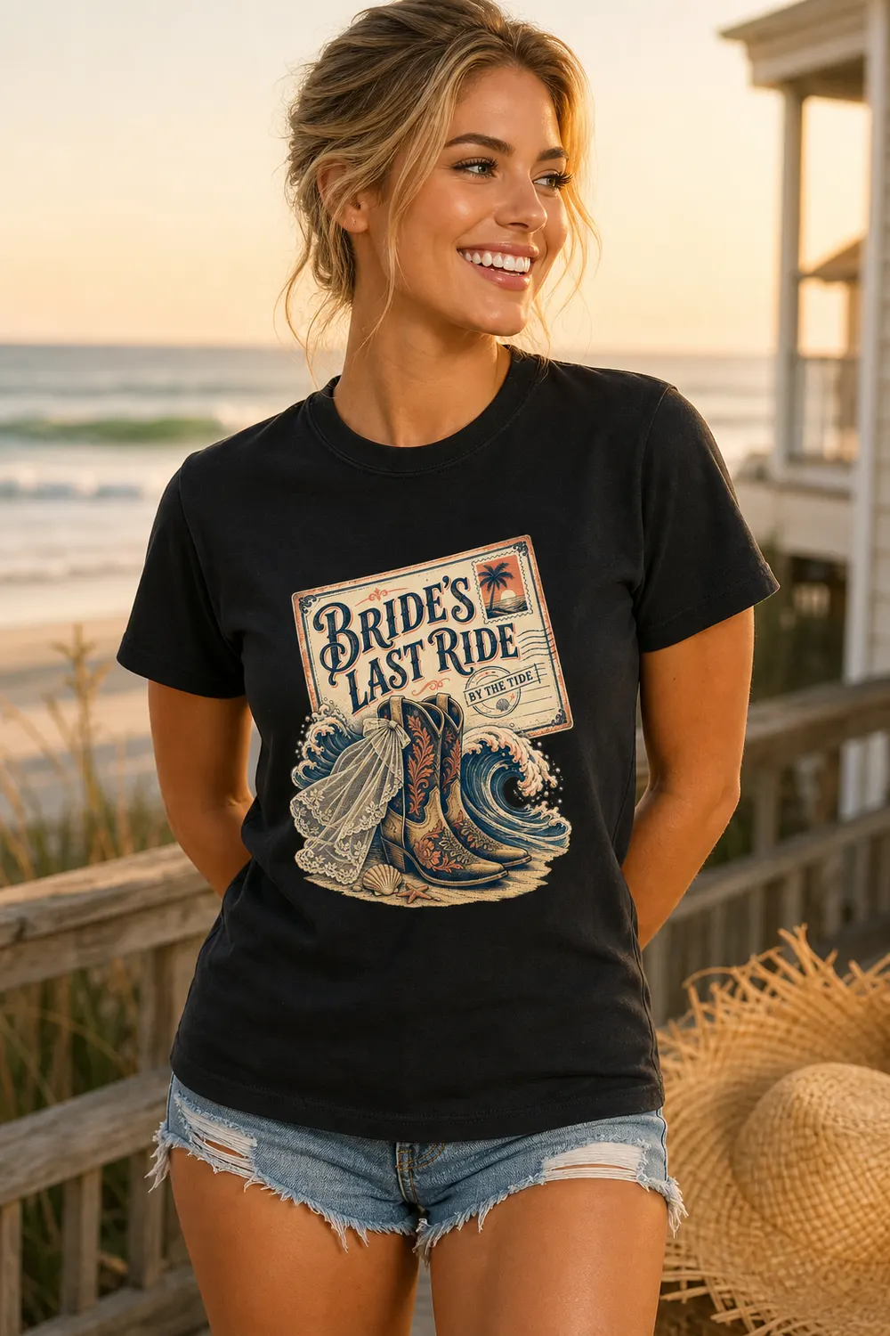 Bride's Last Ride by the Tide Coastal Cowgirl Bachelorette Beach Shirt