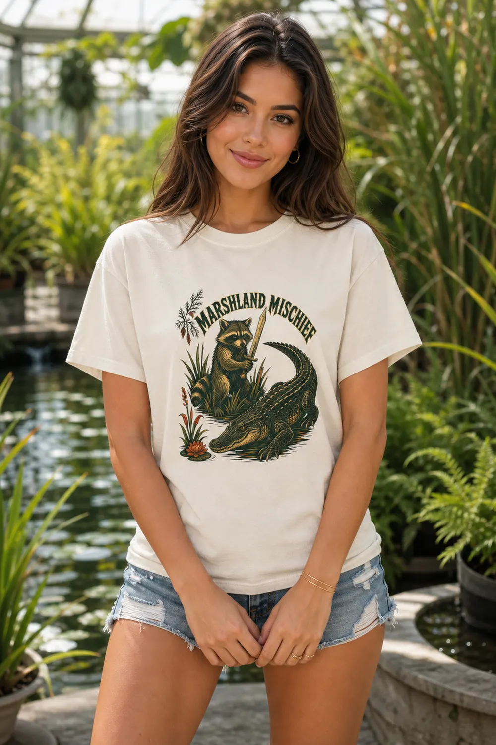 Botanical Marsh Adventure Shirt with Raccoon and Alligator for Garden and Nature Lovers
