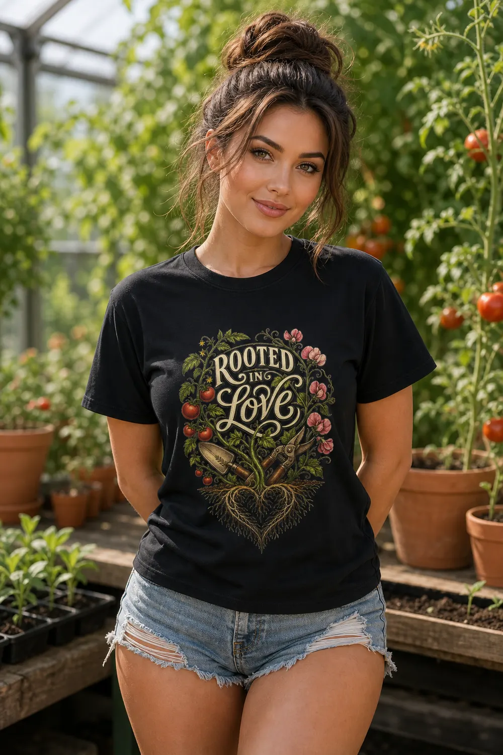 Rooted in Love Gardener Shirt with Tomato Vines and Heart Roots