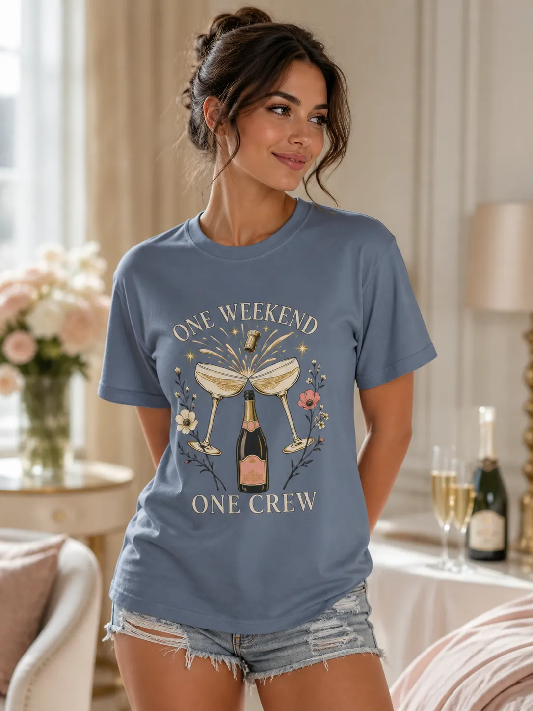 One Weekend One Crew Bridal Party Champagne Toast Wedding Weekend Shirt