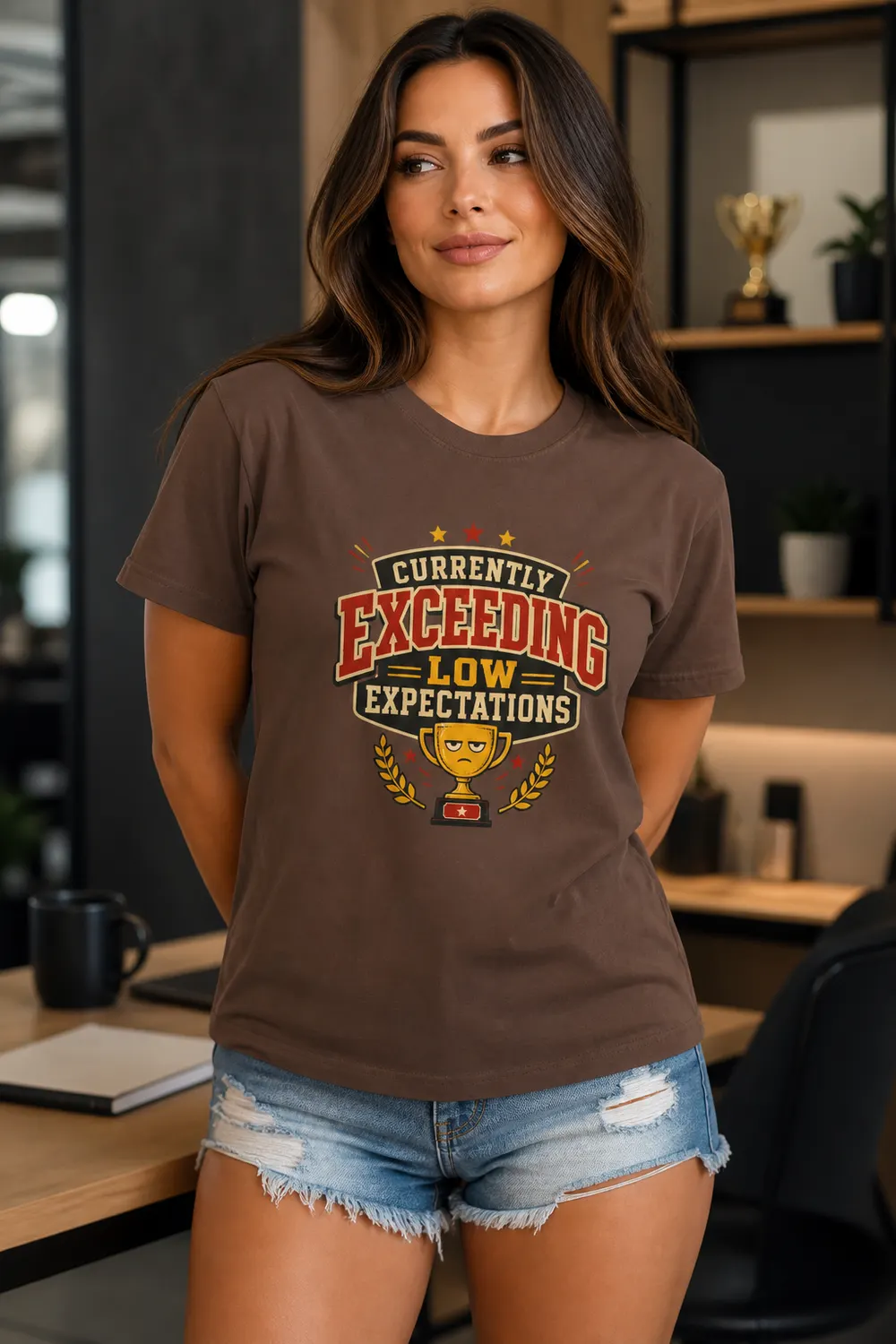 Currently Exceeding Low Expectations Funny Self-Deprecating Trophy Graphic Tee