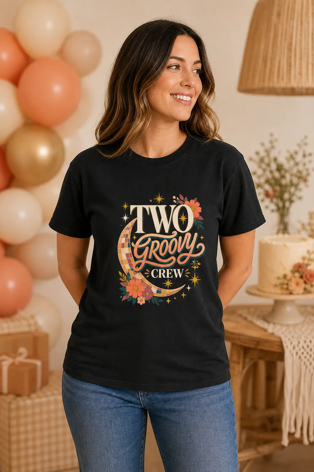 Two Groovy Crew Retro Second Birthday Family Shirt with Disco Moon Florals