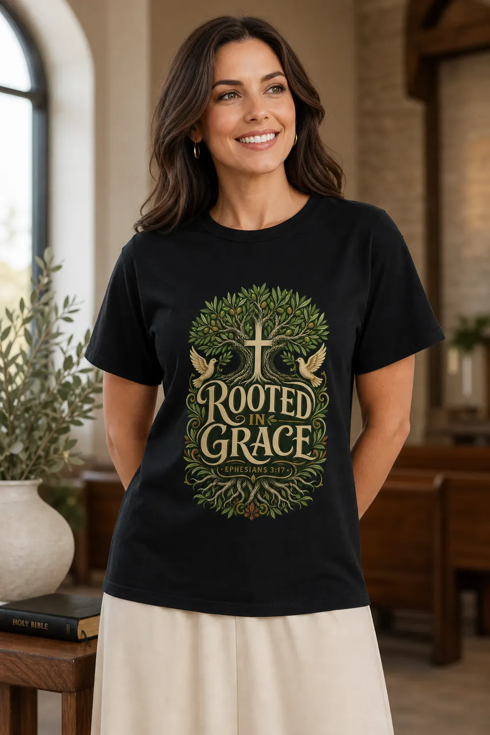 Rooted in Grace Christian Cross Tree Shirt