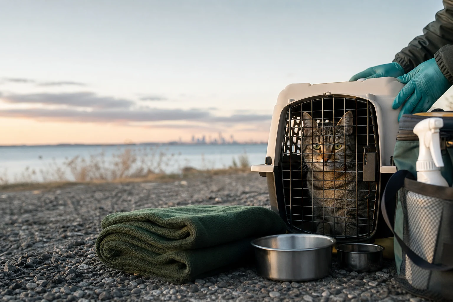 A community cat safely contained during TNR fieldwork